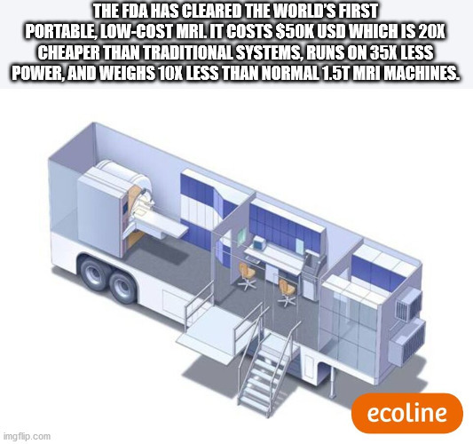 mobile mri scanner - The Fda Has Cleared The World'S First Portable, LowCost Mrl It Costs $5OK Usd Which Is 20% Cheaper Than Traditional Systems, Runs On 35X Less Power, And Weighs 10X Less Than Normal 1.5T Mri Machines. ecoline imgflip.com