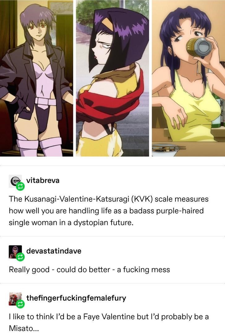 cartoon - vitabreva The KusanagiValentineKatsuragi Kvk scale measures how well you are handling life as a badass purplehaired single woman in a dystopian future. devastatindave Really good could do better a fucking mess thefingerfuckingfemalefury I to thi