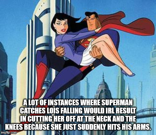 superman the animated series - A Lot Of Instances Where Superman Catches Lois Falling Would Irl Result In Cutting Her Off At The Neck And The Knees Because She Just Suddenly Hits His Arms. imgflip.com