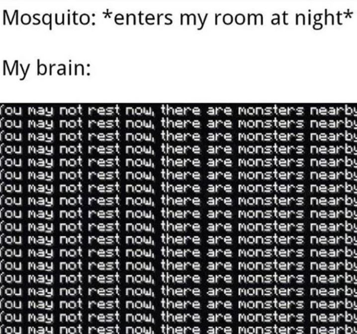 you may not rest now there are monsters nearby - Mosquito enters my room at night My brain rou may not rest now, there are monsters nearby ou may not rest now, there are monsters nearby ou may not rest now, there are monsters nearby ou may not rest now, t