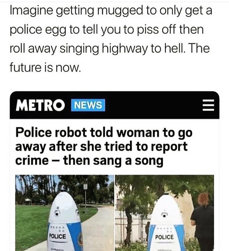 police robot tells woman to go away - Imagine getting mugged to only get a police egg to tell you to piss off then roll away singing highway to hell. The future is now. Metro News Iii. Police robot told woman to go away after she tried to report crime the