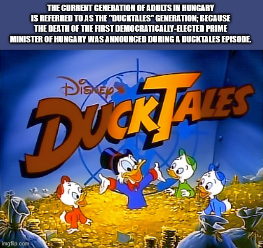 duck tales - The Current Generation Of Adults In Hungary Is Referred To As The "Ducktales Generation, Because The Death Of The First DemocraticallyElected Prime Minister Of Hungary Was Announced During A Ducktales Episode. Dise Ales Darja imgflip.com