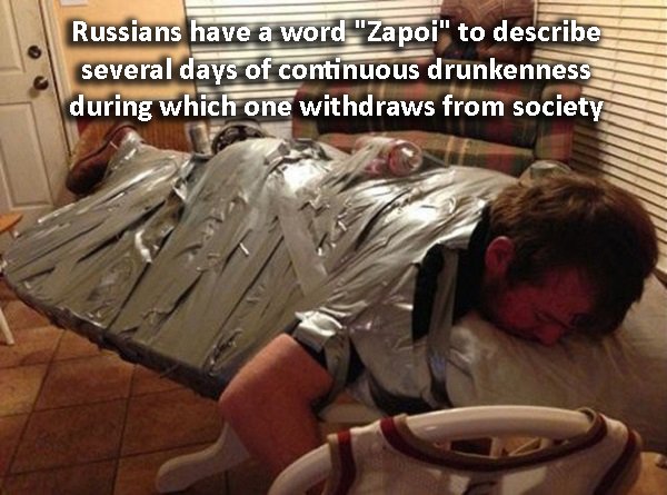 Alcohol - Russians have a word "Zapoi" to describe several days of continuous drunkenness during which one withdraws from society