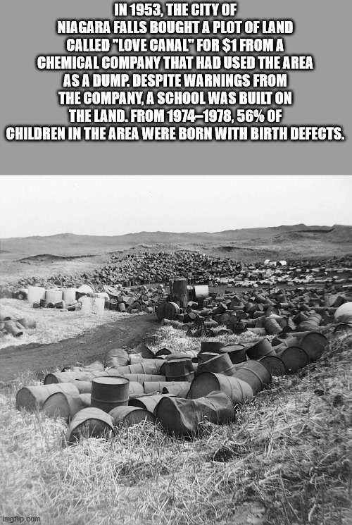 love canal - In 1953, The City Of Niagara Falls Bought A Plot Of Land Called "Love Canal" For $1 From A Chemical Company That Had Used The Area As A Dump. Despite Warnings From The Company, A School Was Built On The Land. From 19741978,56% Of Children In 