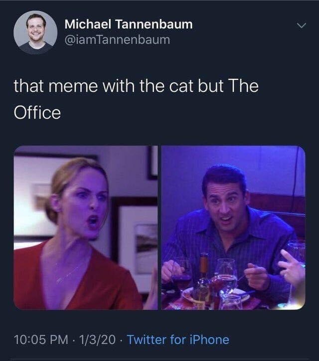 office memes - Michael Tannenbaum that meme with the cat but The Office 1320 Twitter for iPhone