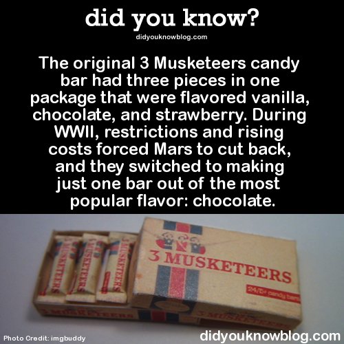 facts about 3 musketeers candy bar - did you know? didyouknowblog.com The original 3 Musketeers candy bar had three pieces in one package that were flavored vanilla, chocolate, and strawberry. During Wwii, restrictions and rising costs forced Mars to cut 