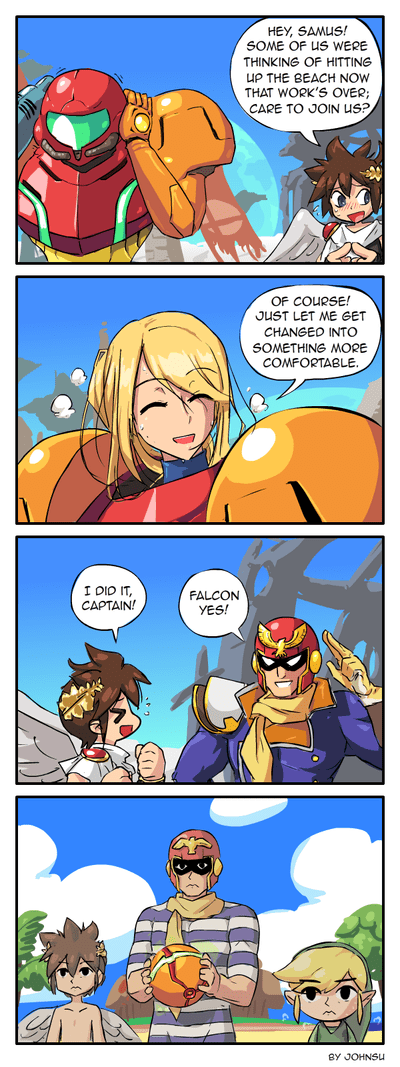 super smash bros samus memes - Hey, Samus! Some Of Us Were Thinking Of Hitting Up The Beach Now That Work'S Over; Care To Join Us? Of Course! Just Let Me Get Changed Into Something More Comfortable I Did It, Captain! Falcon Yes! By Johnsu
