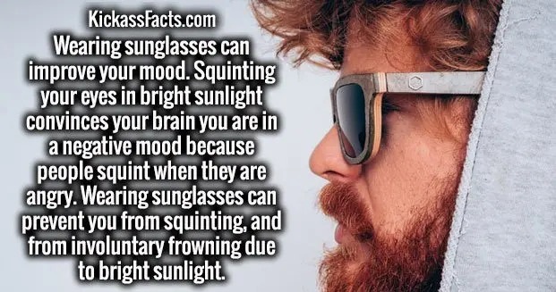 beard - KickassFacts.com Wearing sunglasses can improve your mood. Squinting your eyes in bright sunlight convinces your brain you are in a negative mood because people squint when they are angry. Wearing sunglasses can prevent you from squinting, and fro