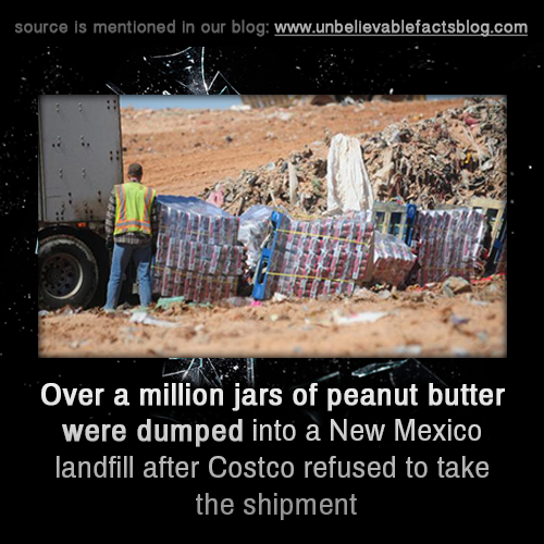world - source is mentioned in our blog Over a million jars of peanut butter were dumped into a New Mexico landfill after Costco refused to take the shipment