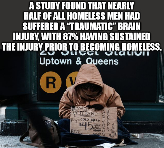 brooklyn - A Study Found That Nearly Half Of All Homeless Men Had Suffered A "Traumatic" Brain Injury, With 87% Having Sustained The Injury Prior To Becoming Homeless. tieel UtaliUNT Uptown & Queens Rv Homely Veterani Hunyo Cold Tweed Help conut G 42THz 7