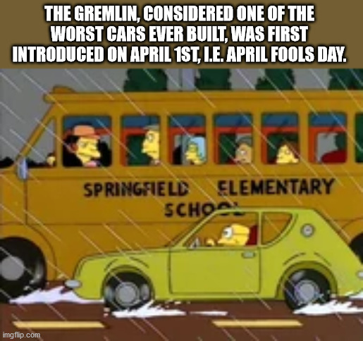hans moleman gremlin - The Gremlin, Considered One Of The Worst Cars Ever Built, Was First Introduced On April 1ST, L.E. April Fools Day. Springfield Elementary School imgflip.com
