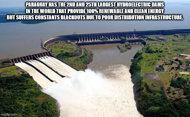 itaipu dam - Paraguay Has The 2ND And 25TH Largest Hydroelectric Dams In The World That Provide 100% Renewable And Clean Energy But Suffers Constants Blackouts Due To Poor Distribution Infrastructure. imgflip.com