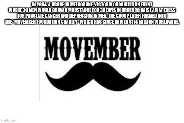 movember - In 2004, A Group In Melbourne, Victoria Organized An Event Where 30 Men Would Grow A Moustache For 30 Days In Order To Raise Awareness For Prostate Cancer And Depression In Men. The Group Later Formed Into The Movember Foundation Charity Which 