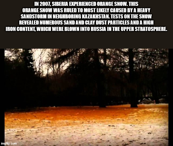 nature - In 2007, Siberia Experienced Orange Snow. This Orange Snow Was Ruled To Most ly Caused By A Heavy Sandstorm In Neighboring Kazakhstan. Tests On The Snow Revealed Numerous Sand And Clay Dust Particles And A High Iron Content, Which Were Blown Into