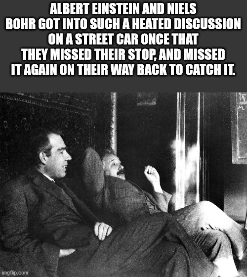 einstein bohr - Albert Einstein And Niels Bohr Got Into Such A Heated Discussion On A Street Car Once That They Missed Their Stop, And Missed It Again On Their Way Back To Catch It. imgflip.com