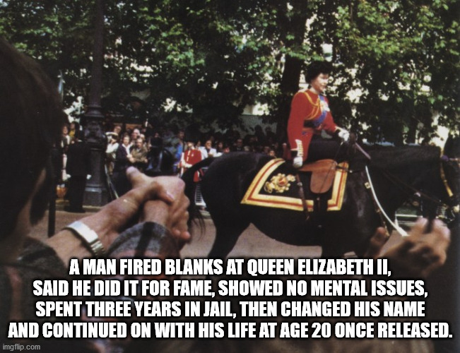 Queen Elizabeth II - A Man Fired Blanks At Queen Elizabeth Ii, Said He Did It For Fame, Showed No Mental Issues, Spent Three Years In Jail, Then Changed His Name And Continued On With His Life At Age 20 Once Released. imgflip.com