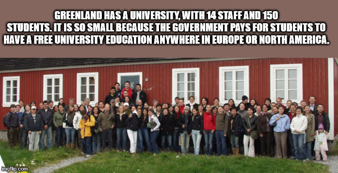 community - Greenland Has A University, With 14 Staff And 150 Students. It Is So Small Because The Government Pays For Students To Have A Free University Education Anywhere In Europe Or North America. imgflip.com