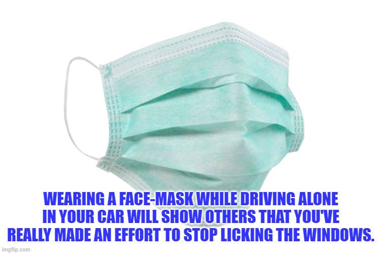 plastic - Wearing A FaceMask While Driving Alone In Your Car Will Show Others That You'Ve Really Made An Effort To Stop Licking The Windows. imgflip.com