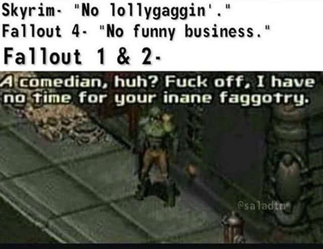 fallout inane faggotry - Skyrim "No lollygaggin'." Fallout 4. "No funny business." Fallout 1 & 2. A comedian, huh? Fuck off, I have no time for your inane faggotry.