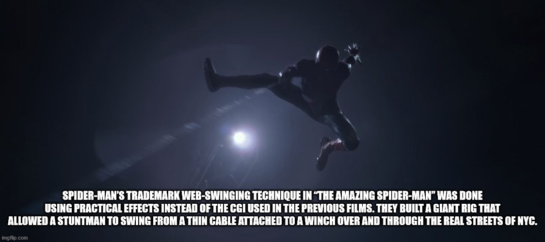 atmosphere - SpiderMan'S Trademark WebSwinging Technique In 'The Amazing SpiderMan" Was Done Using Practical Effects Instead Of The Cgi Used In The Previous Films. They Built A Giant Rig That Allowed A Stuntman To Swing From A Thin Cable Attached To A Win