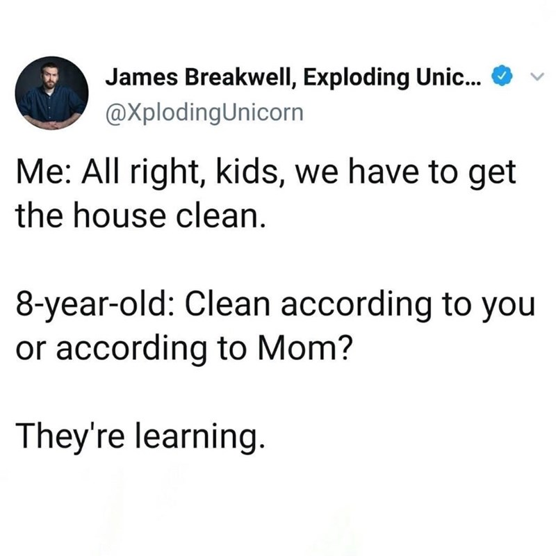 angle - James Breakwell, Exploding Unic... Me All right, kids, we have to get the house clean. 8yearold Clean according to you or according to Mom? They're learning.