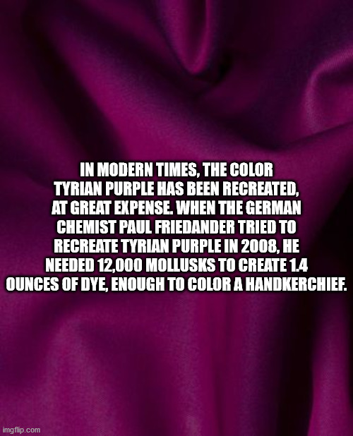 meme - In Modern Times, The Color Tyrian Purple Has Been Recreated, At Great Expense. When The German Chemist Paul Friedander Tried To Recreate Tyrian Purple In 2008, He Needed 12,000 Mollusks To Create 14 Ounces Of Dye, Enough To Color A Handkerchief.…