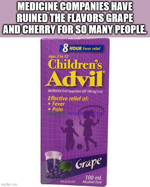 Medicine Companies Have Ruined The Flavors Grape And Cherry For So Many People Ages 2 to 12 8 Hour Fever relief Children's Advil Ibuprofen Oral Suspension Usp 100 mg5 ml Effective relief of Fever Pain Wholesale Grape Din 02232297 100 mL Alcohol Free…