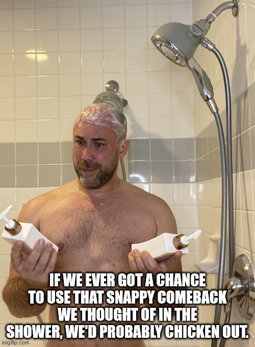 barechestedness - If We Ever Got A Chance To Use That Snappy Comeback We Thought Of In The Shower, We'D Probably Chicken Out. imgflip.com