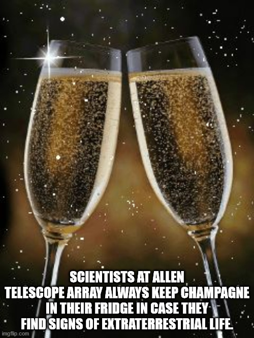 new years - Scientists At Allen Telescope Array Always Keep Champagne In Their Fridge In Case They Find Signs Of Extraterrestrial Life imgflip.com