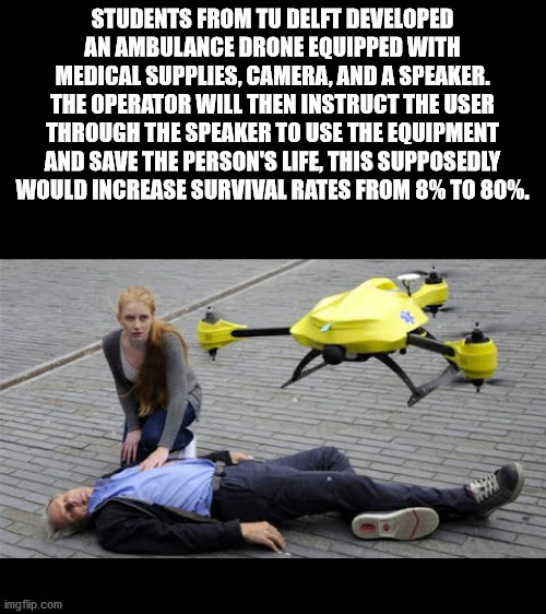 Students From Tu Delft Developed An Ambulance Drone Equipped With Medical Supplies, Camera, And A Speaker. The Operator Will Then Instruct The User Through The Speaker To Use The Equipment And Save The Person'S Life, This Supposedly Would Increase Surviva