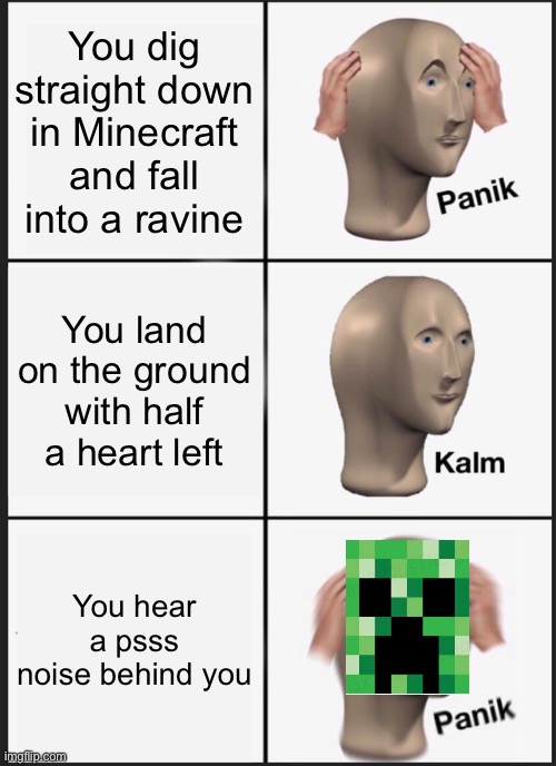panik kalm meme - You dig straight down in Minecraft and fall into a ravine Panik You land on the ground with half a heart left Kalm You hear a psss noise behind you Panik imgiip.com