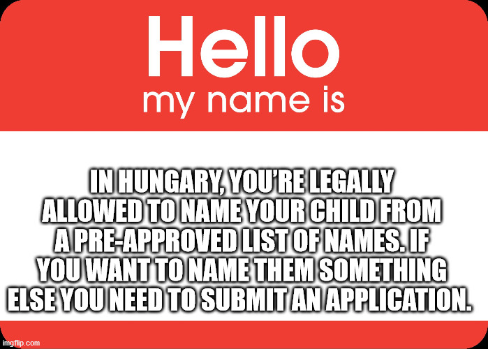 tyagi ji - Hello my name is In Hungary, You'Re Legally Allowed To Name Your Child From ApreApproved List Of Names. If You Want To Name Them Something Else You Need To Submit An Application. imgflip.com