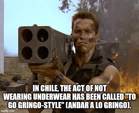 arnold schwarzenegger commando meme - In Chile, The Act Of Not Wearing Underwear Has Been Called "To Go GringoStyle" Andar A Lo Gringo. imgflip.com