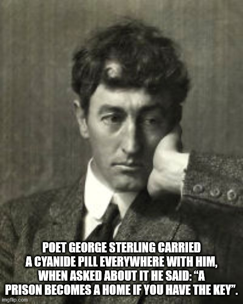 photo caption - Poet George Sterling Carried A Cyanide Pill Everywhere With Him, When Asked About It He Said A Prison Becomes A Home If You Have The Key". imgflip.com