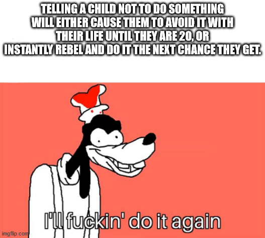 Telling A Child Not To Do Something Will Either Cause Them To Avoid It With Their Life Until They Are 20, Or Instantly Rebel And Do It The Next Chance They Get. mul fuckin' do it again imgflip.com