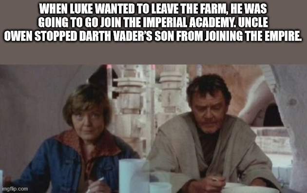 luke's aunt and uncle - When Luke Wanted To Leave The Farm, He Was Going To Go Join The Imperial Academy. Uncle Owen Stopped Darth Vader'S Son From Joining The Empire. imgflip.com