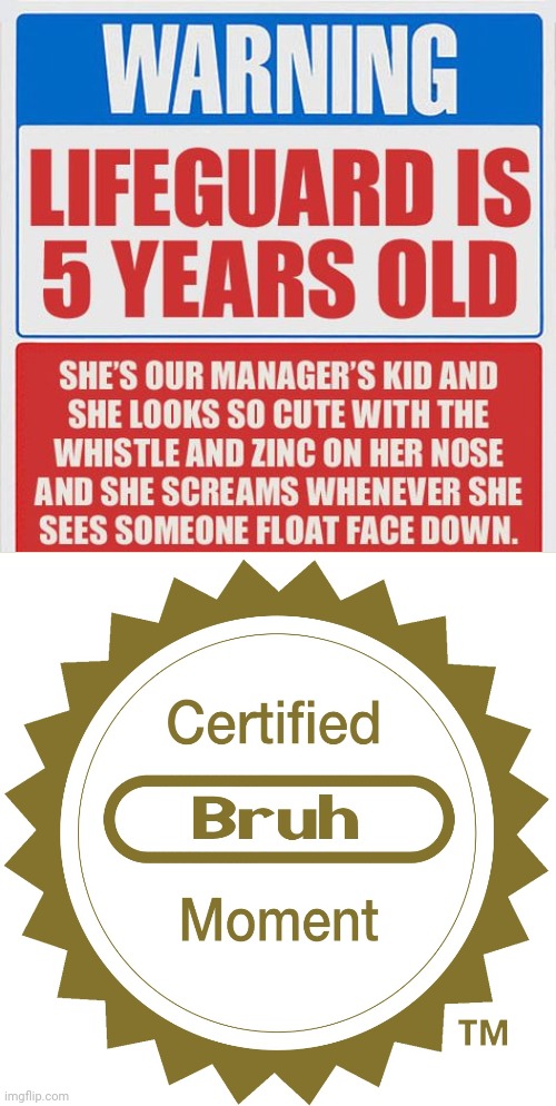 Warning Lifeguard Is 5 Years Old She'S Our Manager'S Kid And She Looks So Cute With The Whistle And Zinc On Her Nose And She Screams Whenever She Sees Someone Float Face Down. Certified Bruh Moment Tm imgflip.com