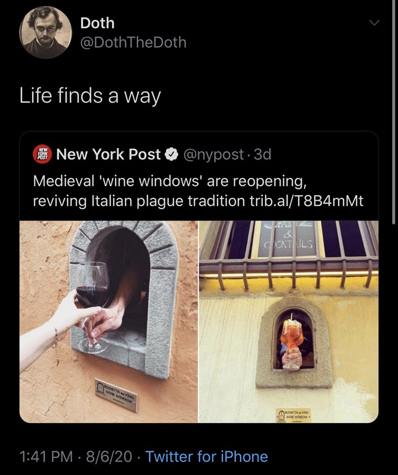 angle - Doth Life finds a way New York Post New York Post . 3d Medieval 'wine windows' are reopening, reviving Italian plague tradition trib.alT8B4mMt & Clicktails Worth Vdo Roletavo We Wodow 8620 Twitter for iPhone