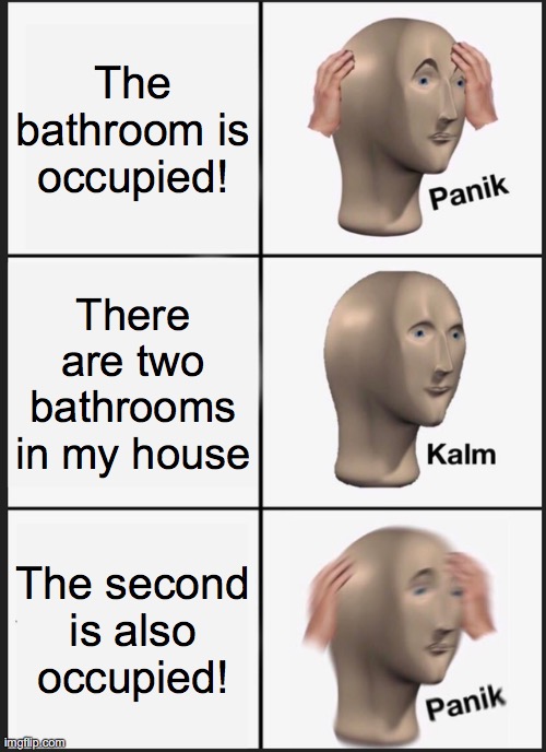 panik kalm panik meme - The bathroom is occupied! Panik There are two bathrooms in my house Kalm The second is also occupied! Panik imgilip.com