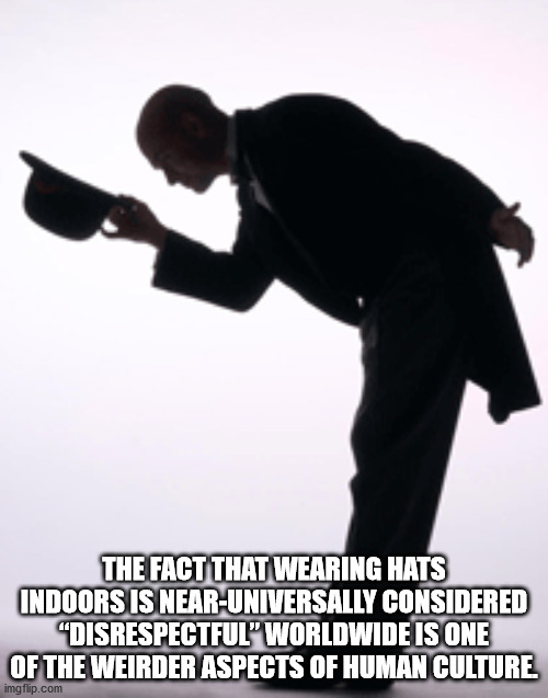 shoulder - The Fact That Wearing Hats Indoors Is NearUniversally Considered "Disrespectful" Worldwide Is One Of The Weirder Aspects Of Human Culture imgflip.com