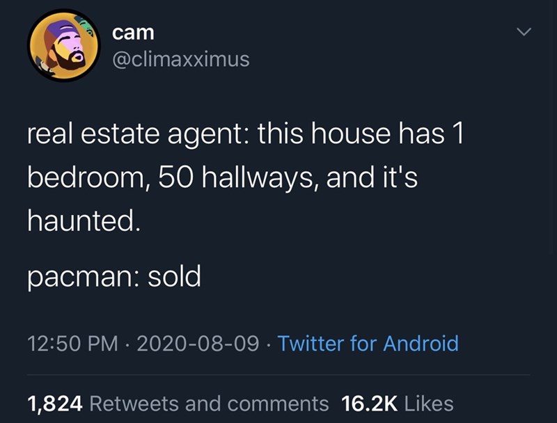 screenshot - cam real estate agent this house has 1 bedroom, 50 hallways, and it's haunted. pacman sold Twitter for Android 1,824 and