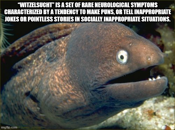 bad joke eel - "Witzelsucht' Is A Set Of Rare Neurological Symptoms Characterized By A Tendency To Make Puns, Or Tell Inappropriate Jokes Or Pointless Stories In Socially Inappropriate Situations. imgflip.com