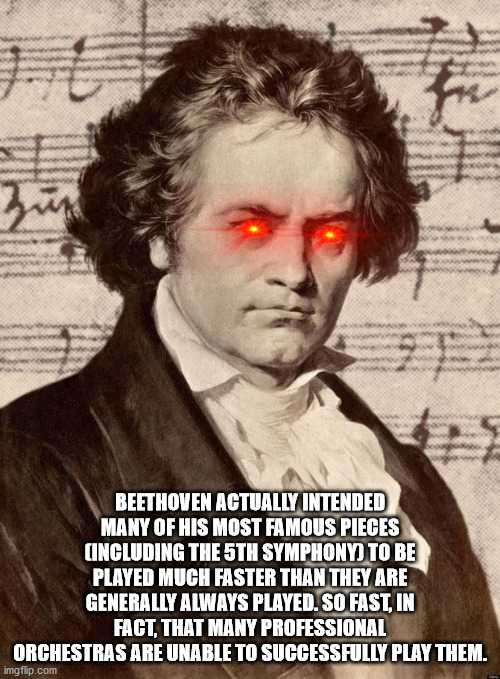 za Beethoven Actually Intended Many Of His Most Famous Pieces Cincluding The 5TH Symphony To Be Played Much Faster Than They Are Generally Always Played. So Fast, In Fact, That Many Professional Orchestras Are Unable To Successfully Play Them. imgflip.com