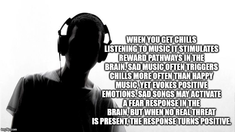 you mean to tell me - When You Get Chills Listening To Music It Stimulates Reward Pathways In The Brain. Sad Music Often Triggers Chills More Often Than Happy Music, Yet Evokes Positive Emotions. Sad Songs May Activate A Fear Response In The Brain, But Wh