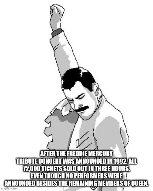 freddie mercury meme - After The Freddie Mercury Tribute Concert Was Announced In 1992, All 72,000 Tickets Sold Out In Three Hours, Even Though No Performers Were Announced Besides The Remaining Members Of Queen. imgflip.com