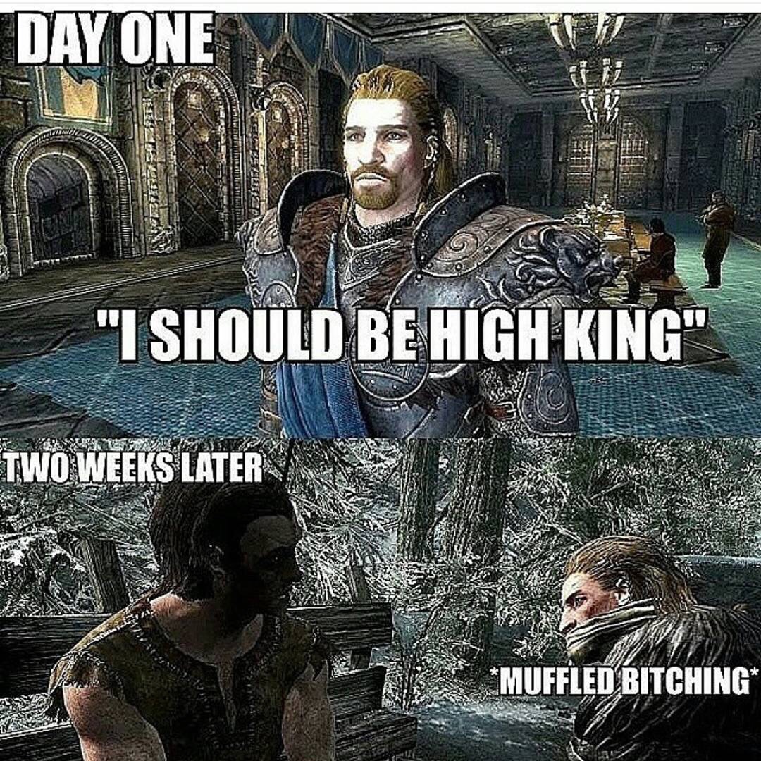 funny skyrim memes - Day One "I Should Be High King" Two Weeks Later Muffled Bitching