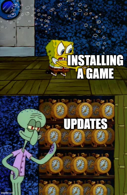 squidward clock meme - 0 O O Q 0 0 0 000 O Oo Oo Installing A Game 0 Updates 00 O O 0 ook 0 imgflip.co