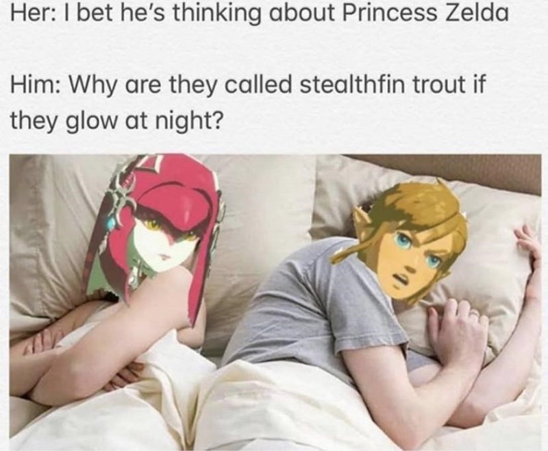 bet he's thinking meme - Her I bet he's thinking about Princess Zelda Him Why are they called stealthfin trout if they glow at night?