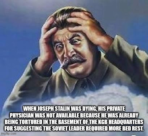 stalin memes - When Joseph Stalin Was Dying, His Private Physician Was Not Available Because He Was Already Being Tortured In The Basement Of The Kgb Headquarters For Suggesting The Soviet Leader Required More Bed Rest. imgflip.com