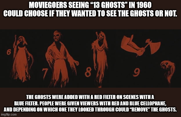 need it now - Moviegoers Seeing 13 Ghosts" In 1960 Could Choose If They Wanted To See The Ghosts Or Not. 6 9 The Ghosts Were Added With A Red Filter On Scenes With A Blue Alter. People Were Given Viewers With Red And Blue Cellophane, And Depending On Whic